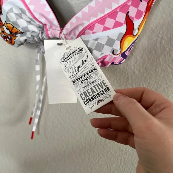 Sprayground Womens Triangle WTF Art Bikini Top Pink Tiger & Flame Print Size L - Picture 6 of 10